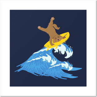 Goldendoodle Dog Surfing on Sea Wave Posters and Art